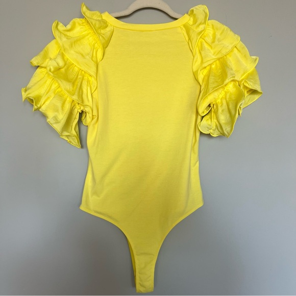 TCEC Solid Puff Sleeve Ruffle Trim Bodysuit | Yellow | Size: M | Women - Picture 2 of 9